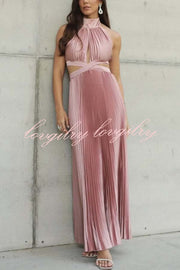Stunning Choice Satin Pleated Halter High Neck Cutout Waist Backless Maxi Dress