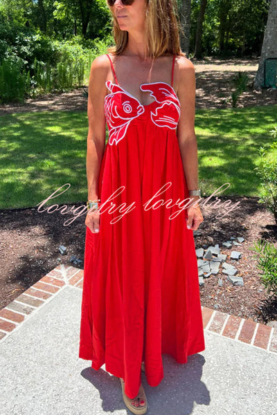 Red Fish Embroidered Sling Backless Maxi Dress