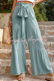 Rustic Patchwork Lace Up Pleated Wide Leg Pants