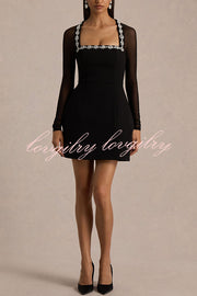 Emmey Jewel Embellished Trim Square-Neck Mesh Long Sleeve Mini Dress