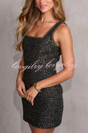 Modern Luxury Tweed Ribbon Chain Trim Square Neck Mini Dress