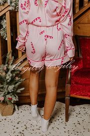 Candy Cane Kisses Satin Printed Elastic Waist Pocket Pajama Shorts Set