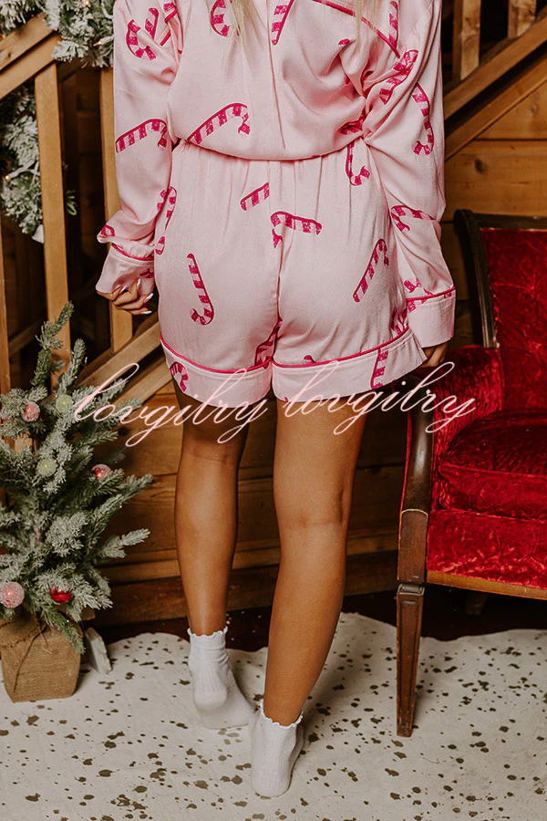 Candy Cane Kisses Satin Printed Elastic Waist Pocket Pajama Shorts Set