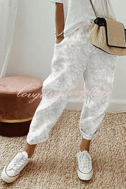 Wishing for It  Cotton Linen Patchwork Flower Elastic Waist Pocketed Pants