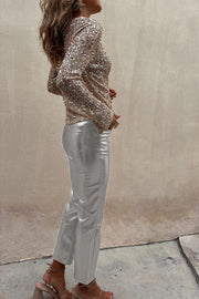 Sinclair Metallic Faux Leather High Rise Pocketed Straight Pants