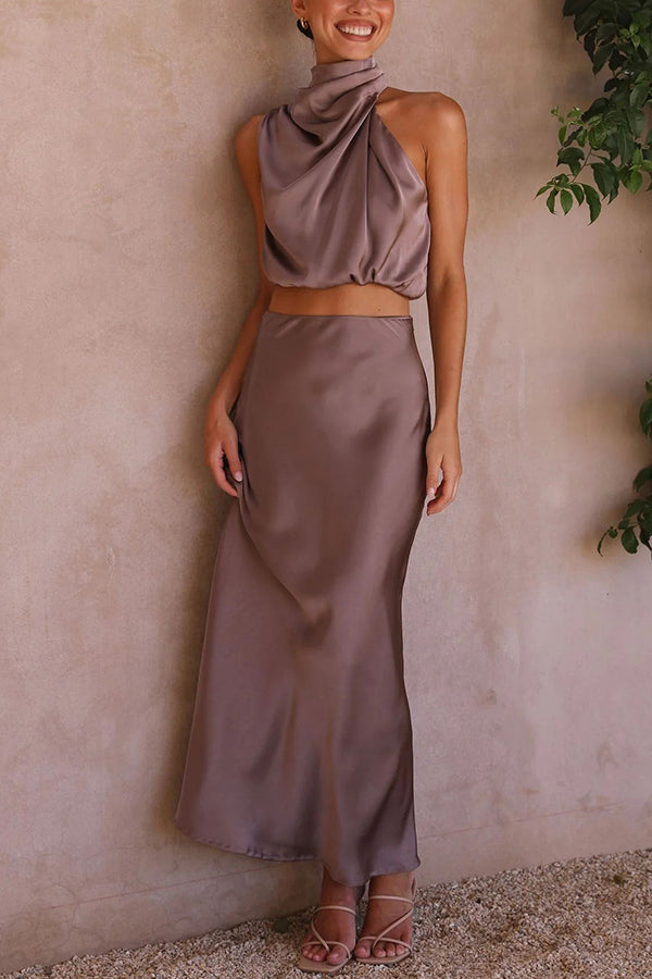 Such A Vibe High Neck Satin Drape Maxi Skirt Set