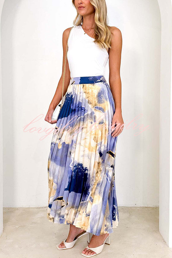 Abstract Art Paint Print Stretch Waist Pleated Skirts