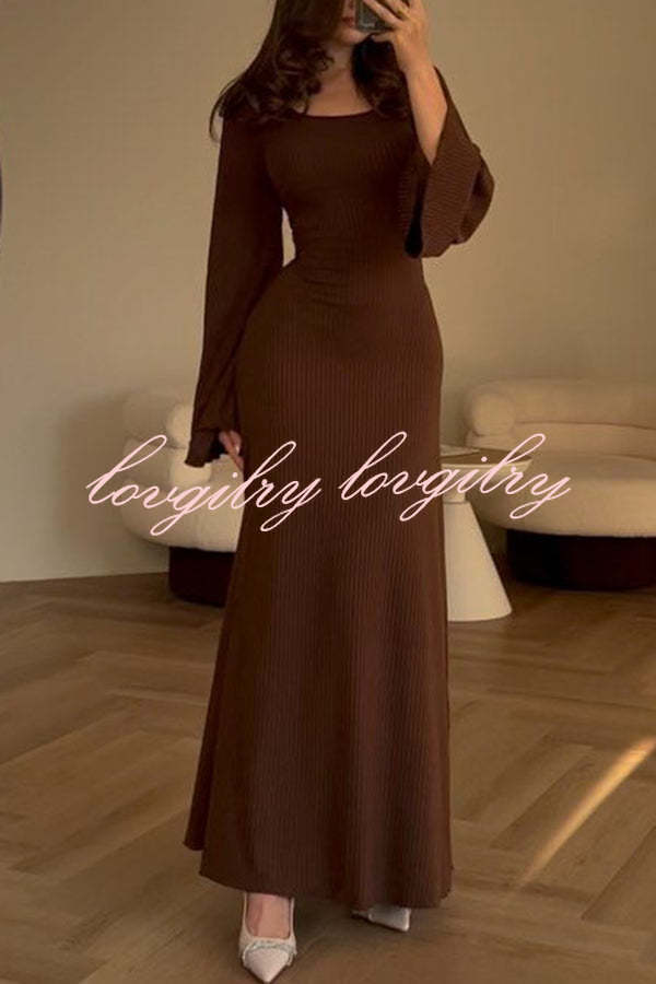 Comfortable Elegance Ribbed Bell Long Sleeve Stretch Maxi Dress