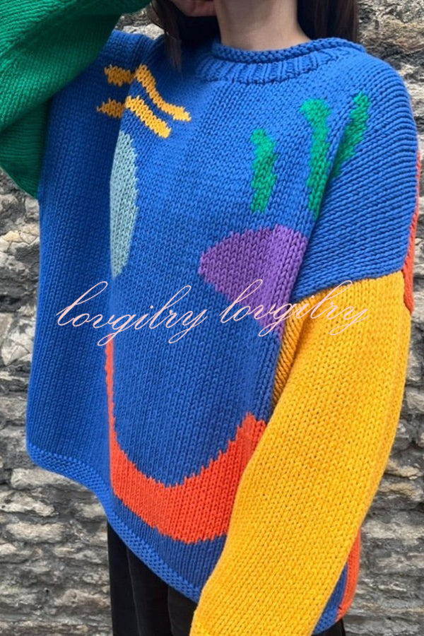 Feel Good Knit Colorful Smiley Face Loose Pullover Sweater