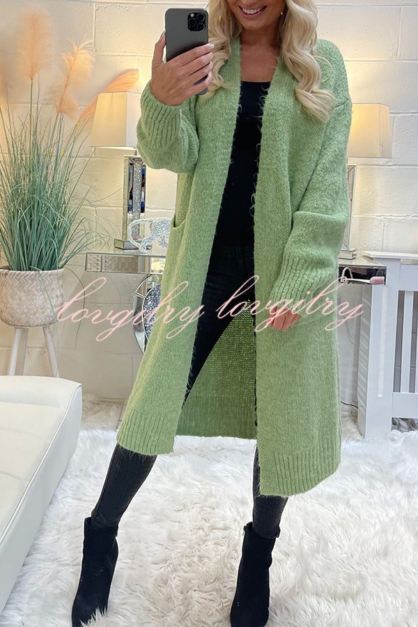 Neon Love Peace Chunky Knit Pocket Straight Midi Cardigan