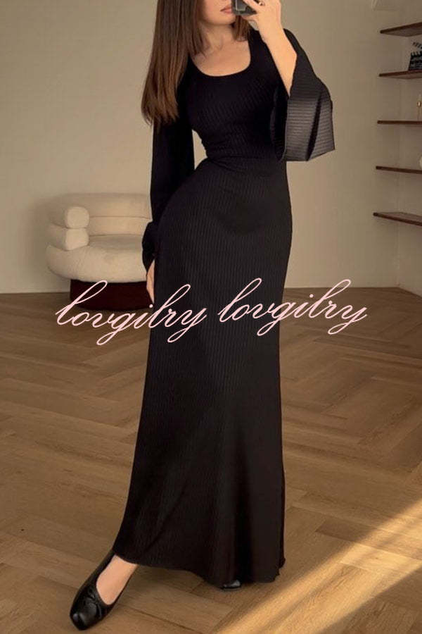 Comfortable Elegance Ribbed Bell Long Sleeve Stretch Maxi Dress