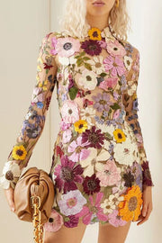 Elegantly Enchanted Floral Applique Backless Long Sleeve Mini Dress