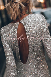 Flash Focus Sequin Extra Long Slit Sleeves Open Back Mini Dress