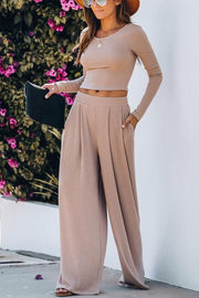 Hermosa Ribbed Crop Top Wide Leg Pants Suit