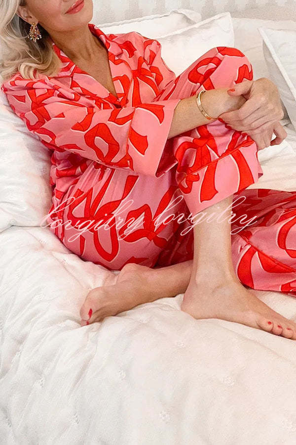 Give You A Surprise Gift Bow Printed Elastic Waist Pocketed Pajama Set