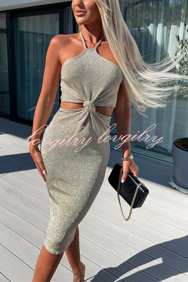 Slay The Look Knit Front Knotted Cutout Halter Midi Dress