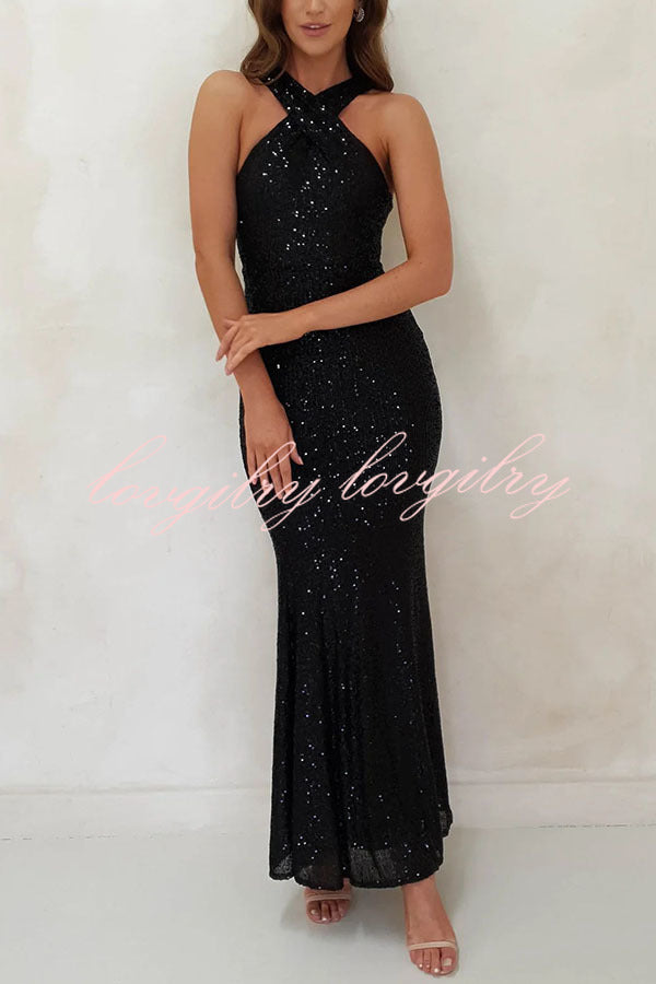 Time To Sparkle Sequin Cross Halter Neck Backless Maxi Dress