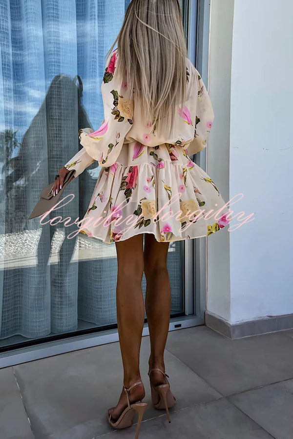 Sunset and Dreams Floral Print Subtle Tuck Lantern Sleeve Belt Mini Dress