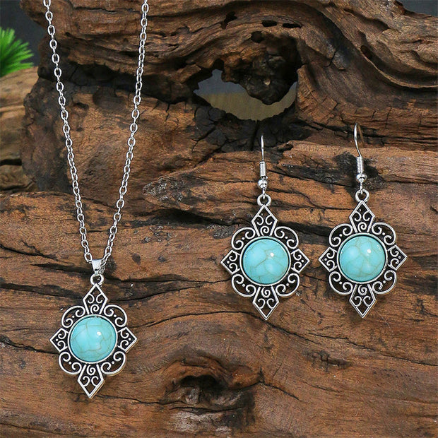 Vintage Court Ethnic Geometric Carved Turquoise Diamond Earrings Necklace Set