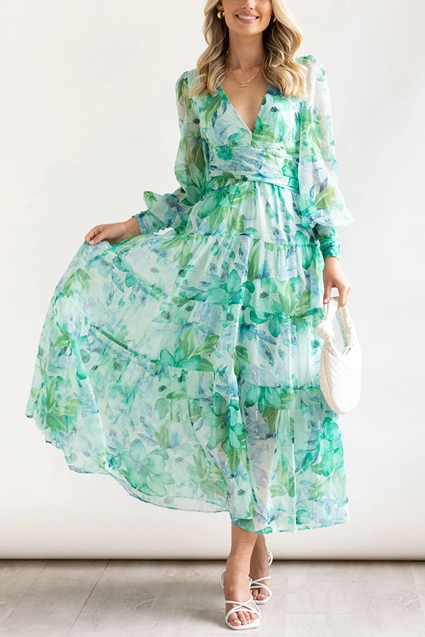 Olena Abstract Floral Balloon Sleeves Maxi Dress