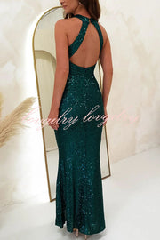 Time To Sparkle Sequin Cross Halter Neck Backless Maxi Dress