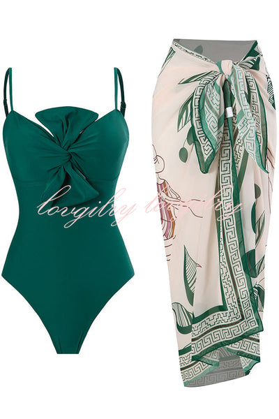 Sling Bow One Piece Swimsuit and Lake Print Skirt