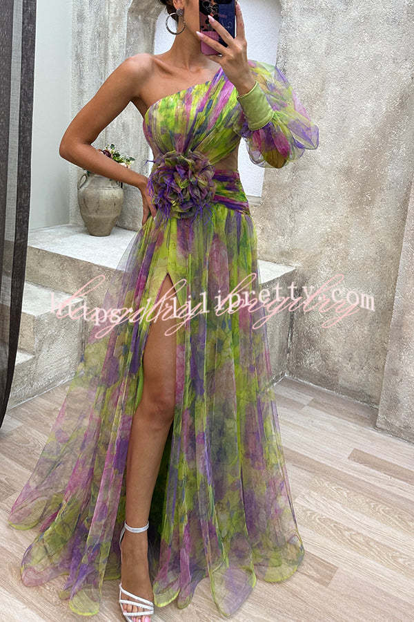 Picturesque Beauty Tulle Floral Pleated One Shoulder Sleeve Slit Maxi Dress