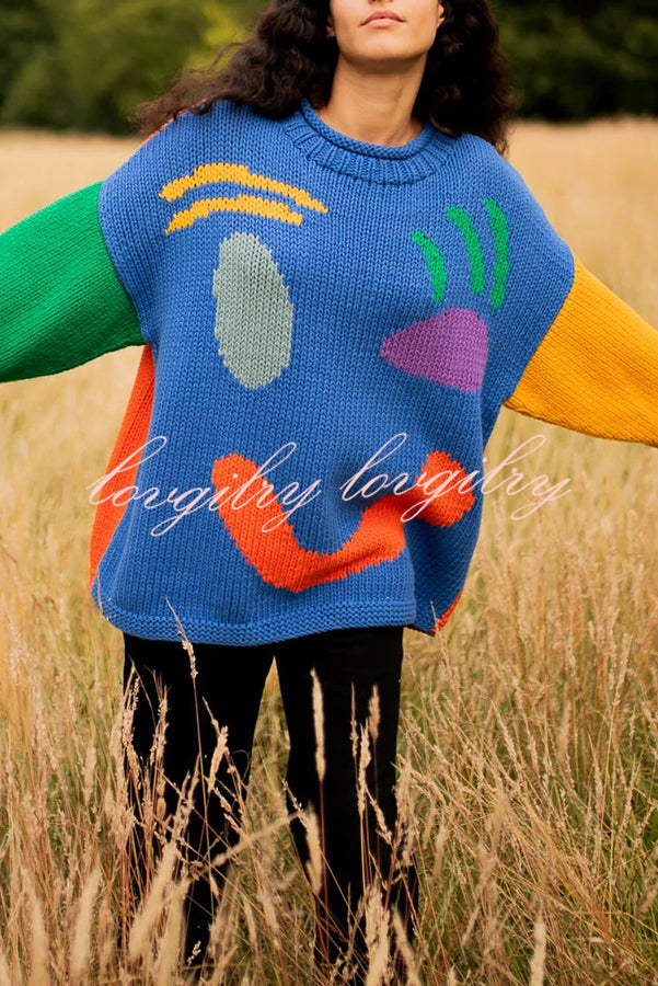 Feel Good Knit Colorful Smiley Face Loose Pullover Sweater