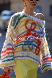 Sunset Cosy Knit Rainbow Contrast Striped Hollow Out Loose Sweater