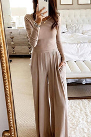 Hermosa Ribbed Crop Top Wide Leg Pants Suit