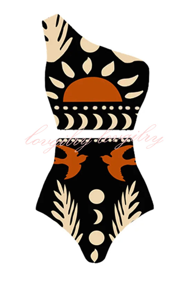 Abstract Art Birds and Sun Print Color Block High Waist Bikini And Skirt