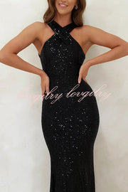 Time To Sparkle Sequin Cross Halter Neck Backless Maxi Dress