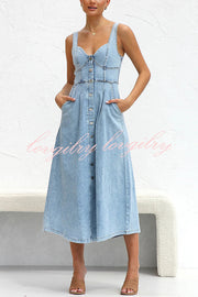 Spring Fling Washed Denim Button Pocket Back Smocked Midi Dress