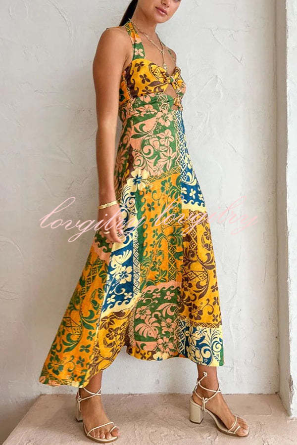 Colorful Dating Linen Blend Printed Cutout Back Smocked Halter Midi Dress