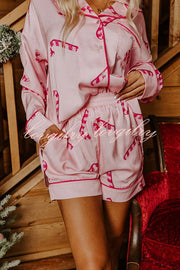 Candy Cane Kisses Satin Printed Elastic Waist Pocket Pajama Shorts Set