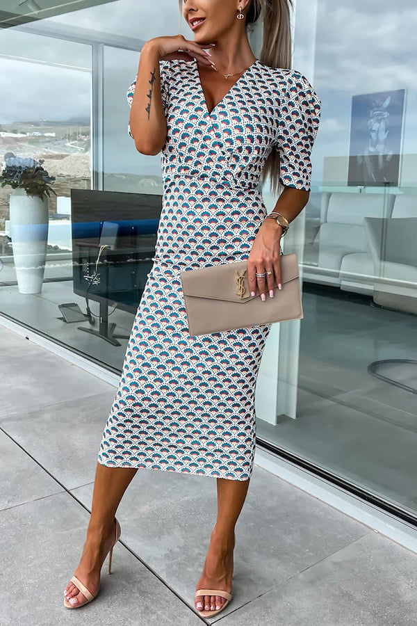 Late Night Gala Satin Printed Puff Sleeve Midi Dress