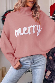 Happy Holidays Contrast Love Letter Turtle Neck Bat Sleeve Sweater