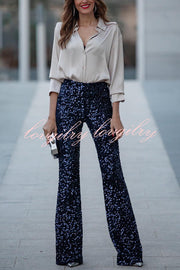 Diva Velvet Sequin High Rise Elastic Waist Flare Pants