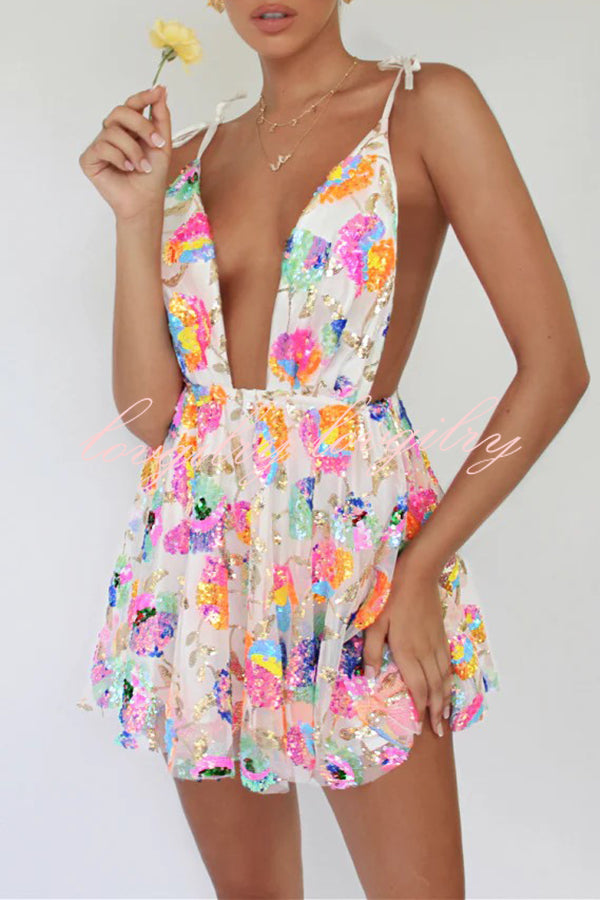 V Neck Open Back Sequined Floral Tie A Line Mini Dress