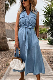 Ralphy Pocketed Distressed Denim Tie Dress