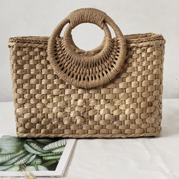 Vintage Square Handwoven Beach Straw Bag