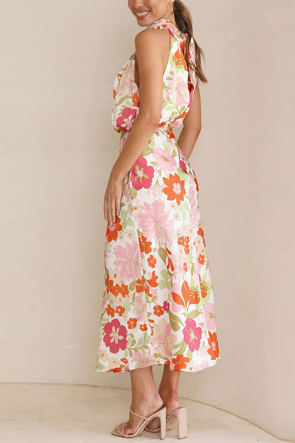 Fascinating Day Floral Halter Neck Elastic Waist Maxi Dress