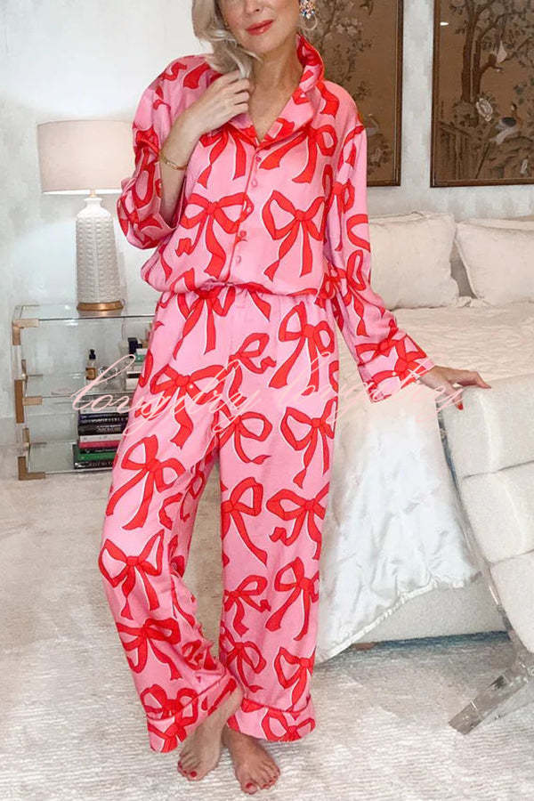 Give You A Surprise Gift Bow Printed Elastic Waist Pocketed Pajama Set