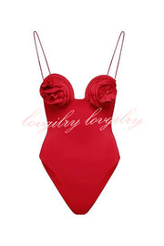 Three Dimensional Floral Suspender Pleated One Piece Swimsuit Set