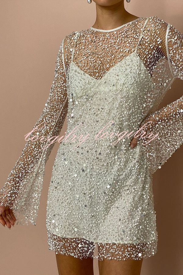 Sparkle and Shine Sequins and Pearls Fabric Mini Dress with Separate Slip