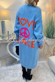 Neon Love Peace Chunky Knit Pocket Straight Midi Cardigan