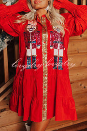 Nutcracker Sequined Button Down Long Sleeve Mini Dress