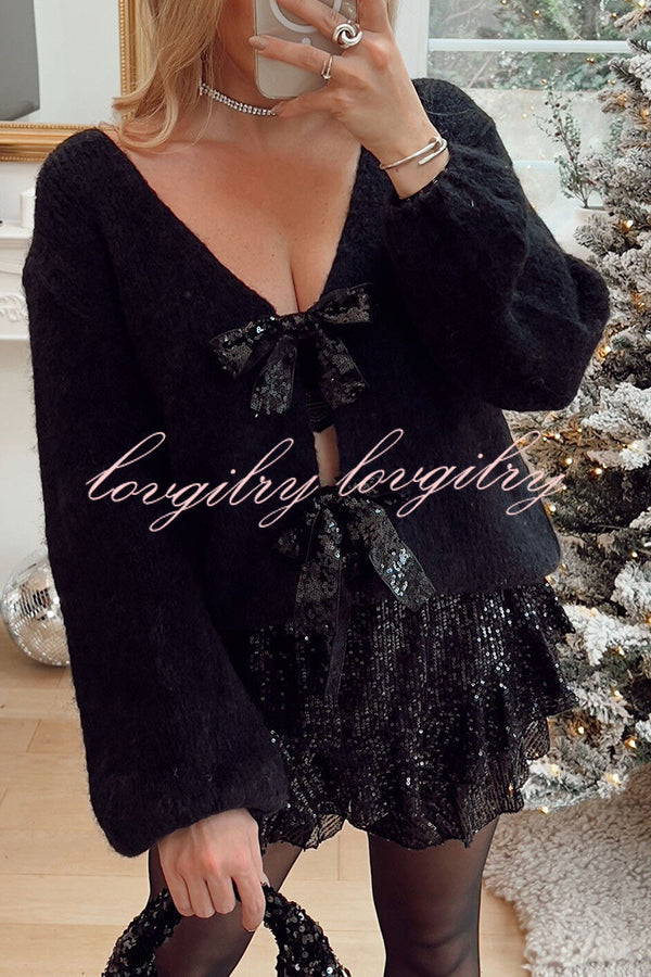 Misty Starlight Tie Front Sequin Bow Loose Sweater