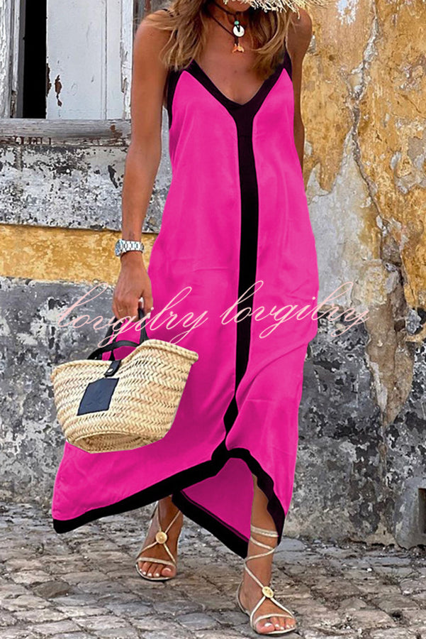 Traveling The Horizon Satin Colorblock Strap Loose Maxi Dress