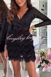 Spinning on The Dance Floor Sequin Patchwork Tiered Fringe Mini Dress